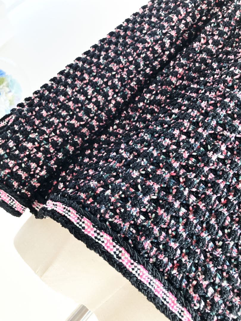 CHANEL ノーカラー　ツイードジャケット　黒ピンク　ココマーク