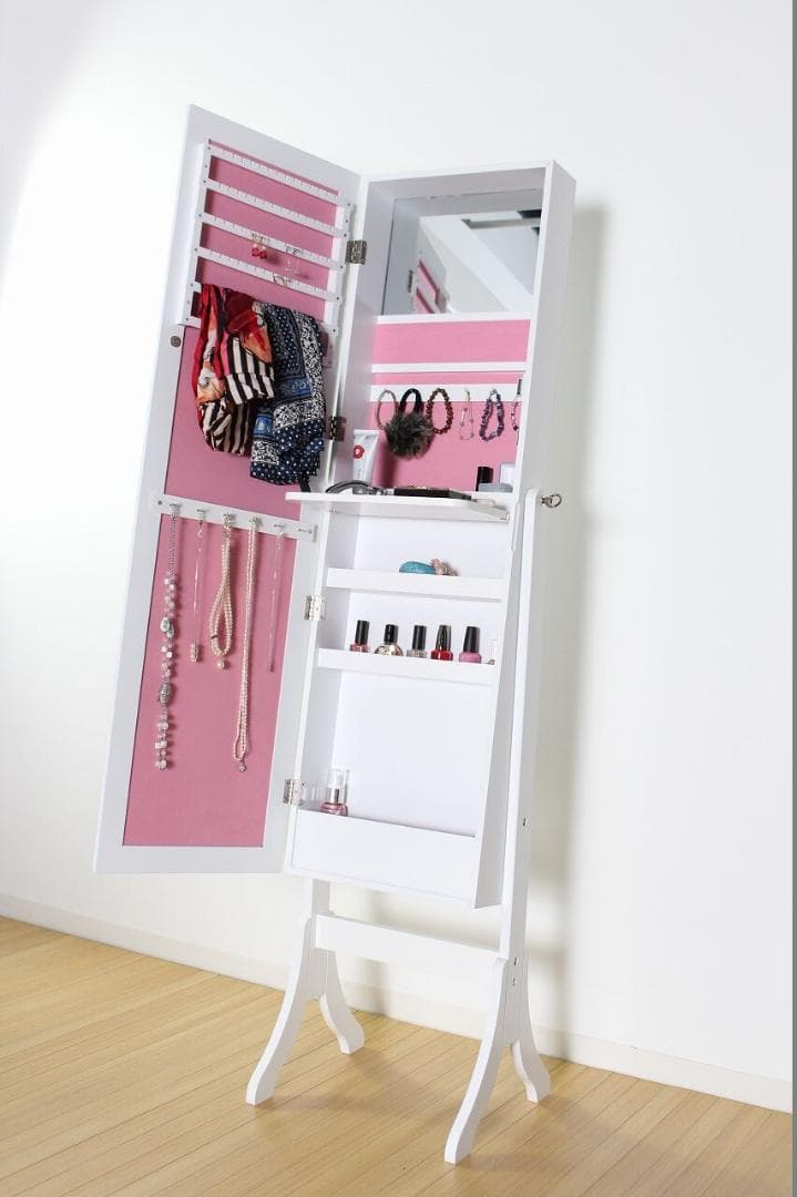 〇ジュエリー収納付スタンドドレッサーミラー　ホワイトスタンドミラー