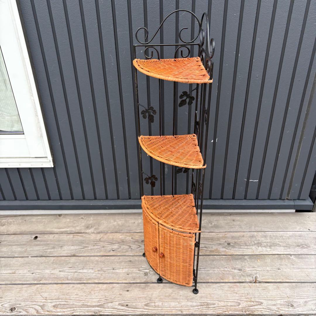 北欧レトロ ラタン＆花柄アイアン トイレラック サニタリー収納 スリム 飾り棚