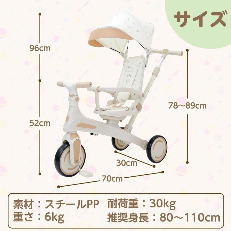 多機能 三輪車 手押し棒付き 折りたたみ 1歳～5歳 安全ベルト付き2644