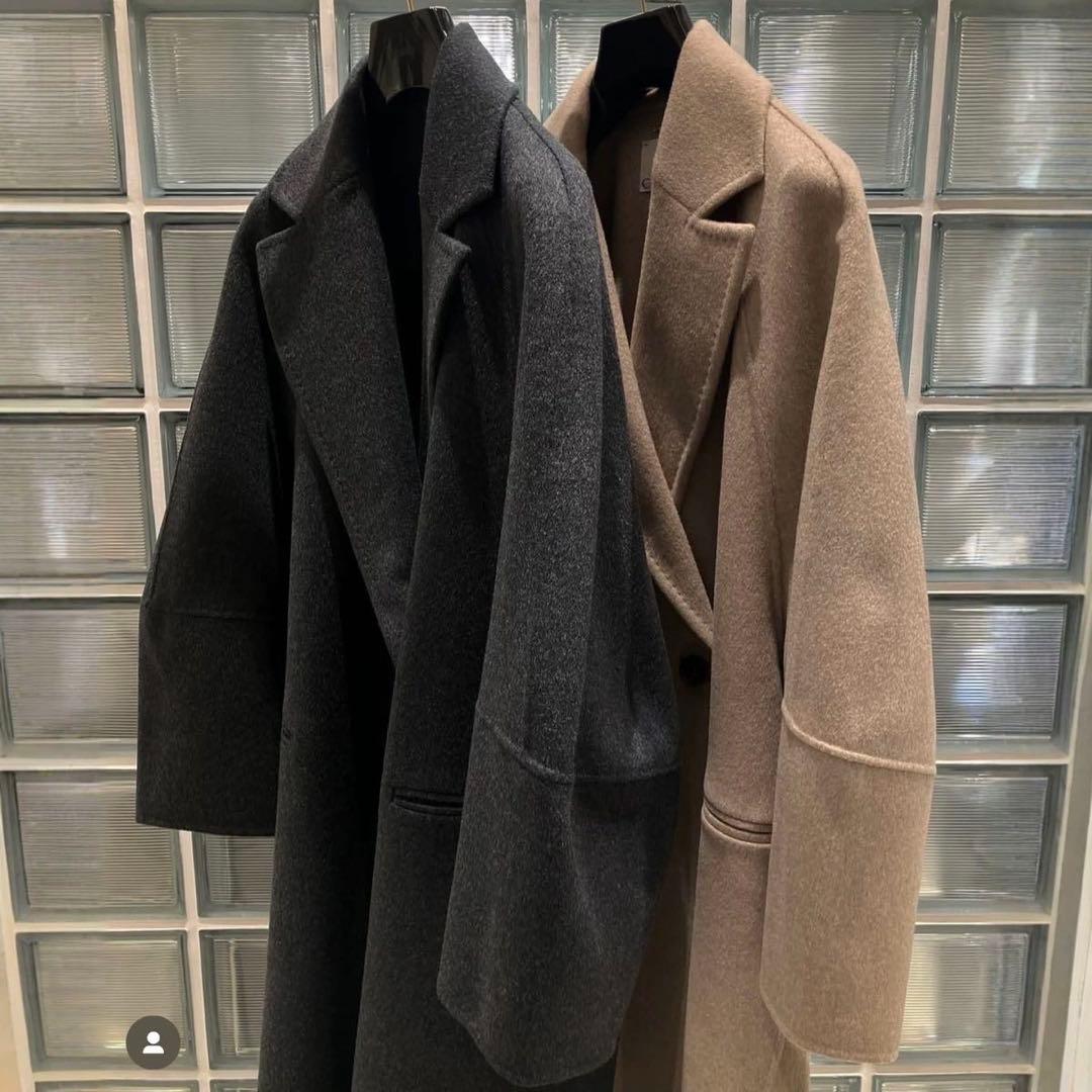 conte ウール100％ ダブルブレスト リバーロングコート GRAY 36