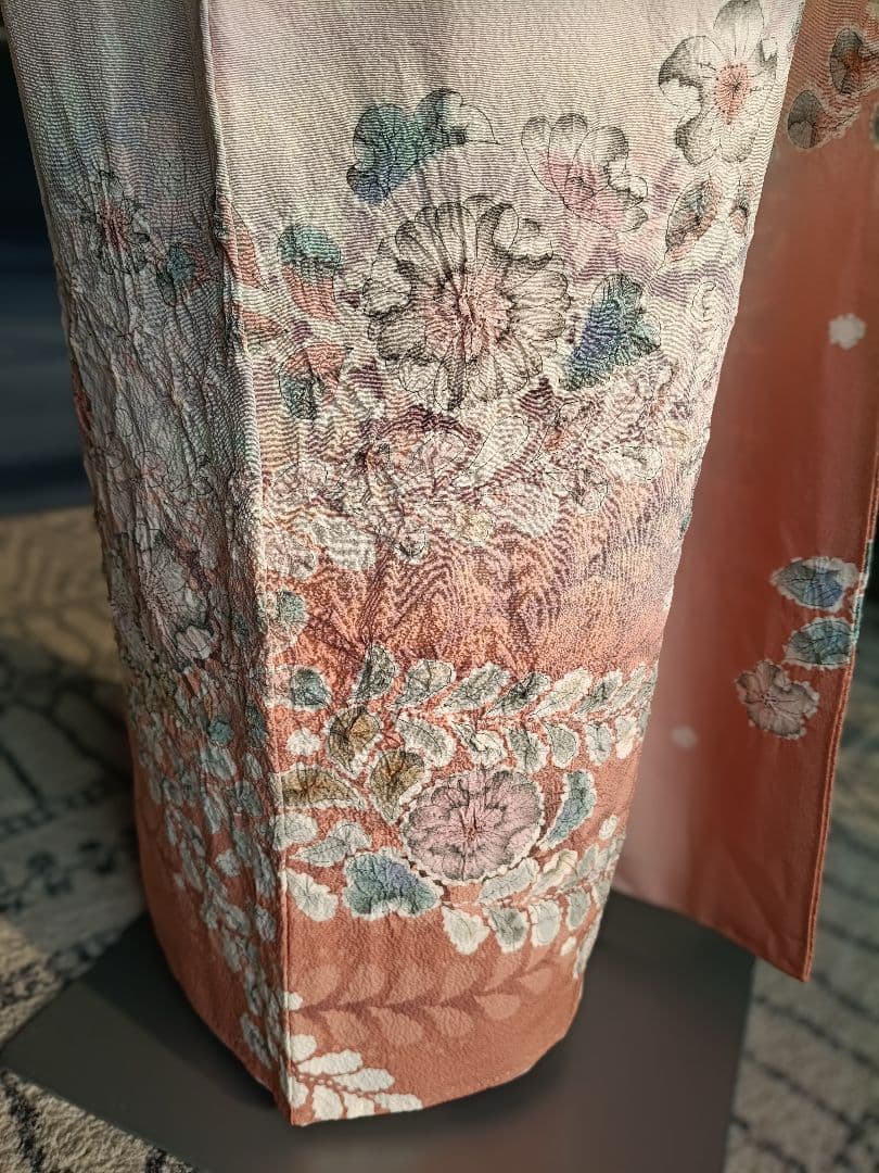 辻が花 訪問着落款 ピンク 花柄 絹 26B1