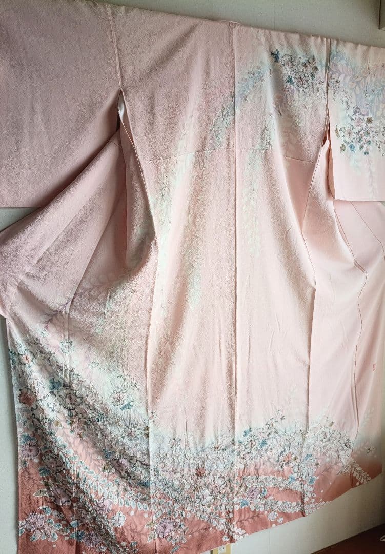 辻が花 訪問着落款 ピンク 花柄 絹 26B1