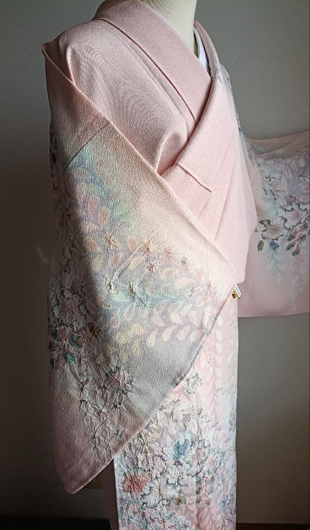 辻が花 訪問着落款 ピンク 花柄 絹 26B1