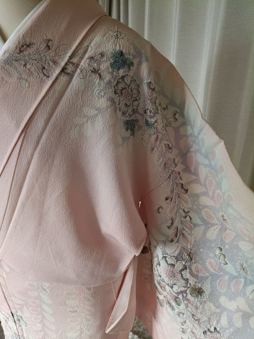 辻が花 訪問着落款 ピンク 花柄 絹 26B1