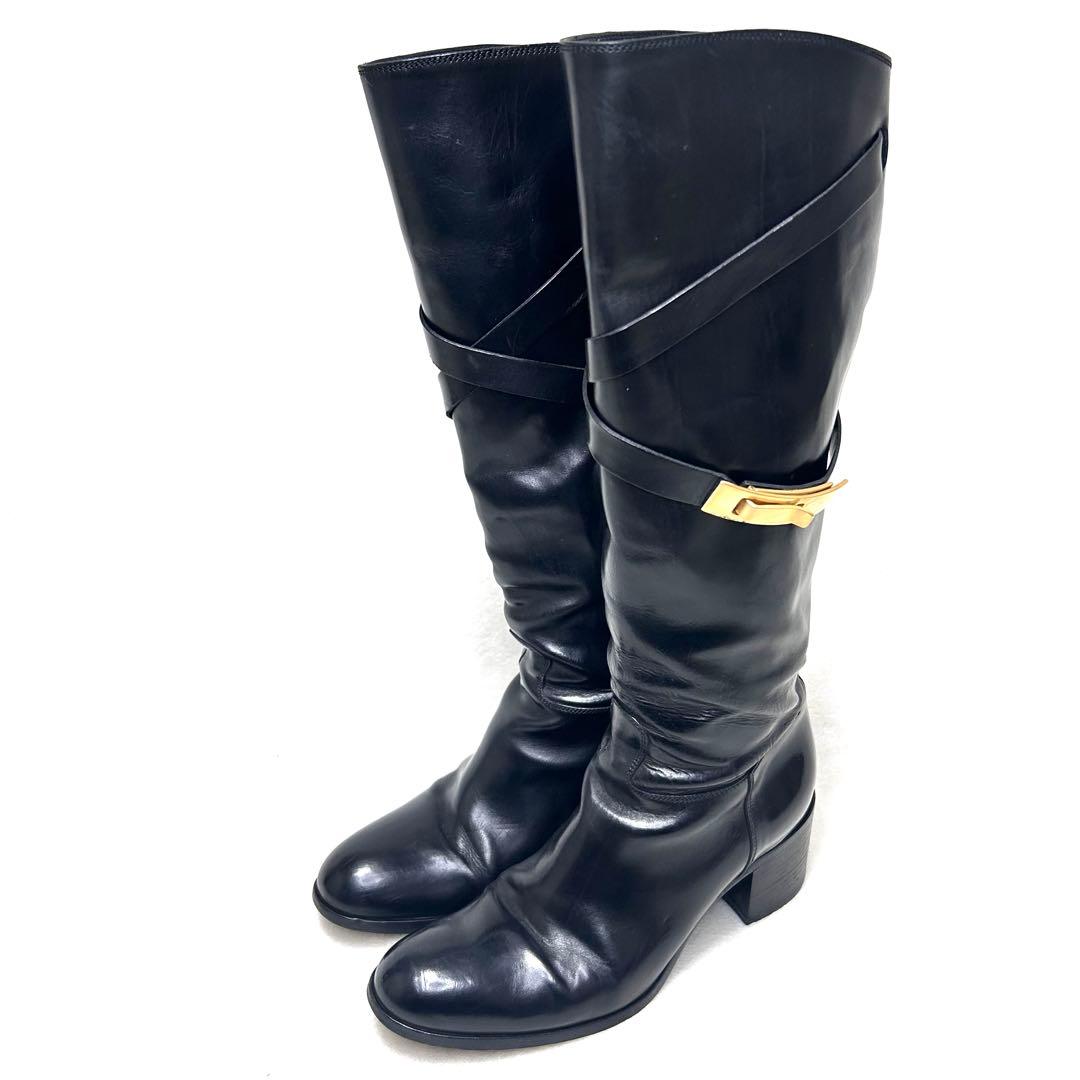 【サルトル】ジョッキーブーツ ロングブーツ ベルト 金具 23.5 伊製 黒