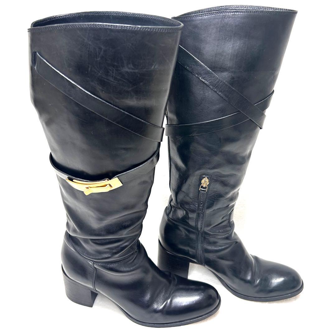 【サルトル】ジョッキーブーツ ロングブーツ ベルト 金具 23.5 伊製 黒