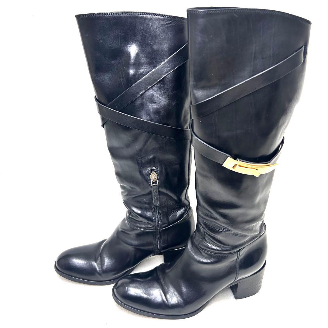 【サルトル】ジョッキーブーツ ロングブーツ ベルト 金具 23.5 伊製 黒