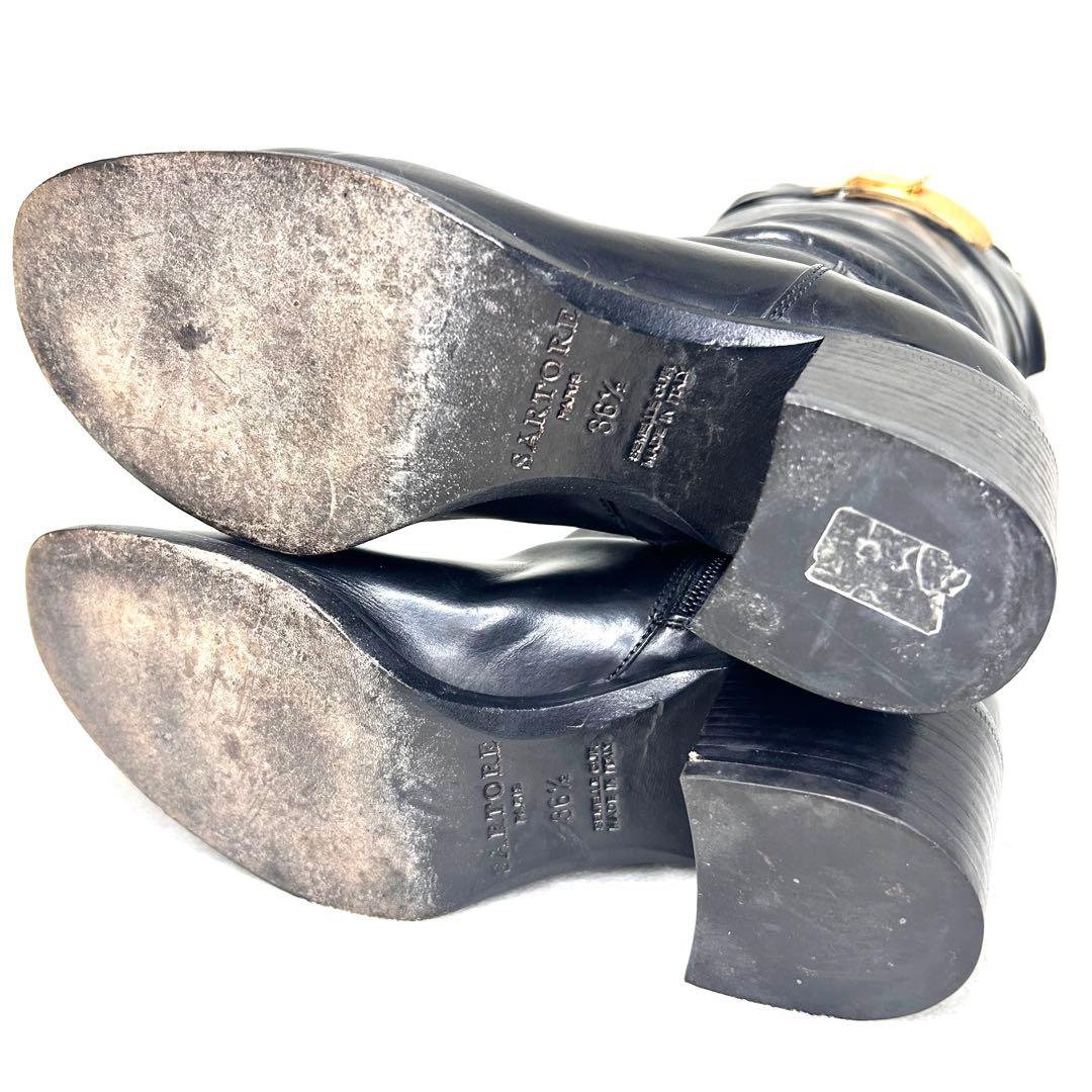 【サルトル】ジョッキーブーツ ロングブーツ ベルト 金具 23.5 伊製 黒