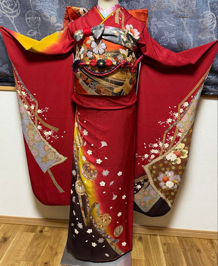 正絹振袖2着（赤系＆黄色系）★フルセット★金彩