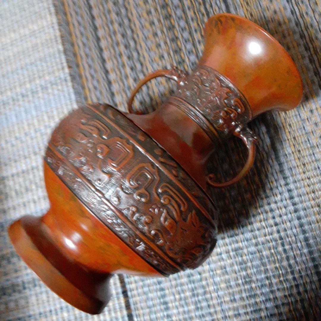 古い耳付高岡天龍銅器花瓶/茶華道活花飾/伝統工芸鋳物饕餮文様/吉祥赤銅龍泉堂在銘