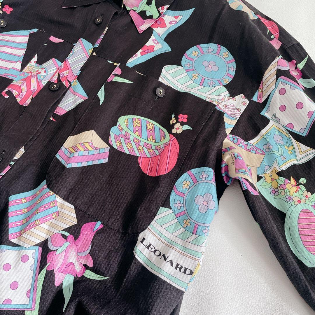 美品✨ LEONARD レオナール 長袖シャツ 総柄　日本製　サイズ40 黒　花