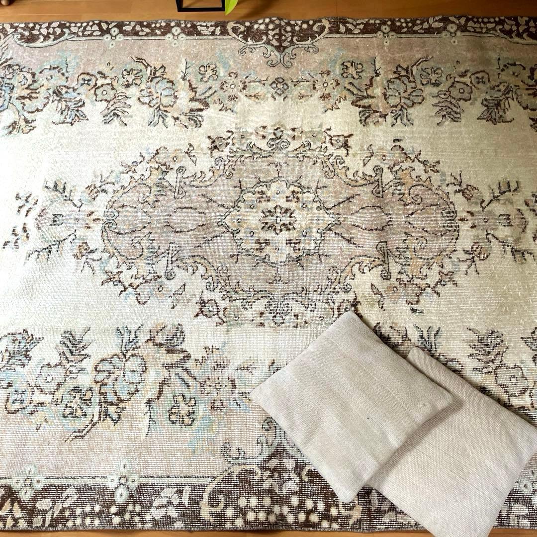 超大判170×292 フローラルメダリオン　グレージュ　トルコヴィンテージラグ