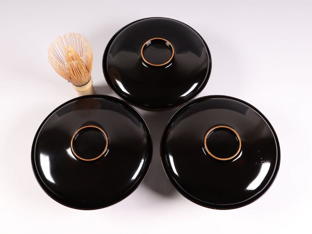 【CM353】時代蒔絵椀 竹に鶏金蒔絵 平椀三客 木製 /(検) 輪島塗加賀能登