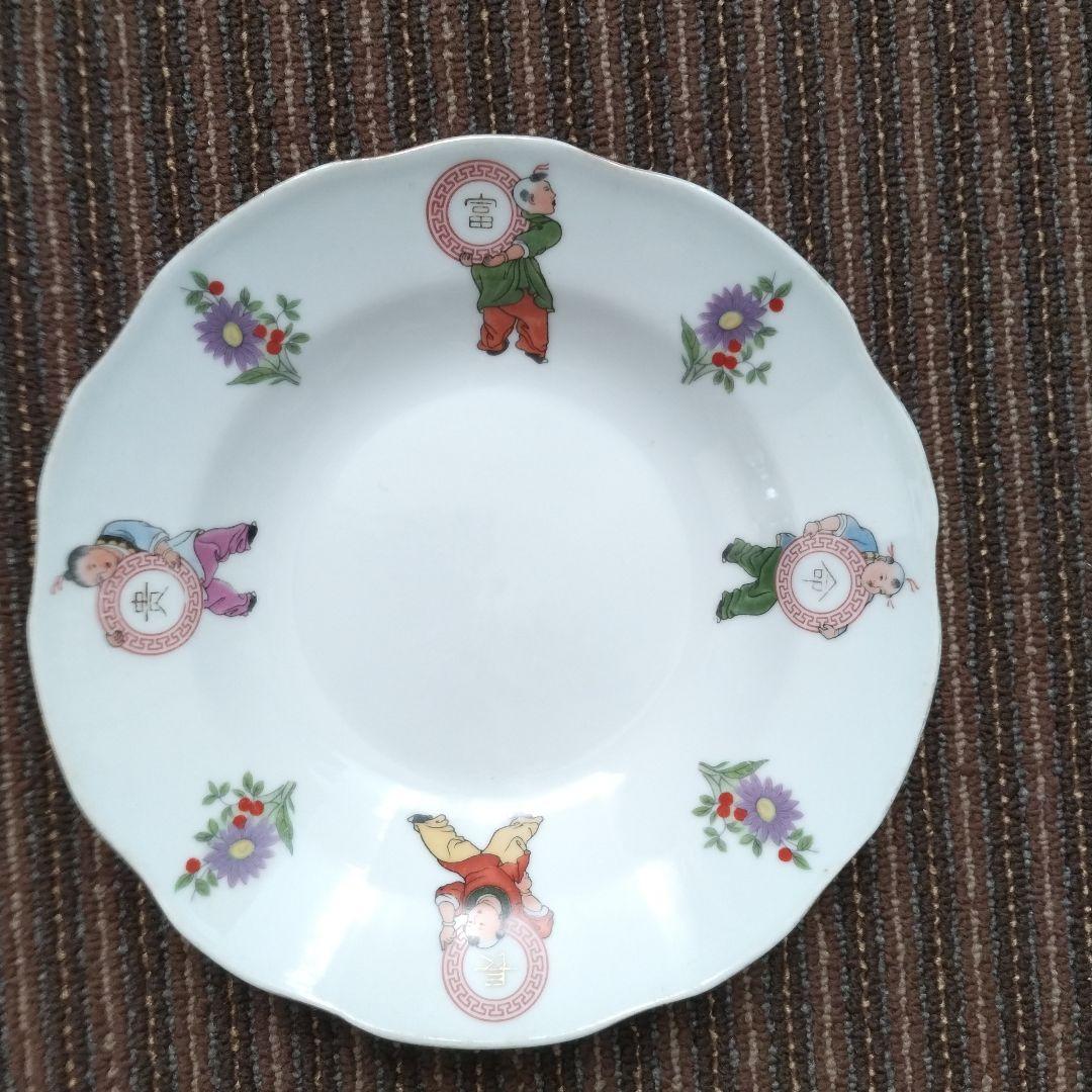 中国景徳鎮　「富貴長命」　唐子　花文様　花リム　深皿　２客セット
