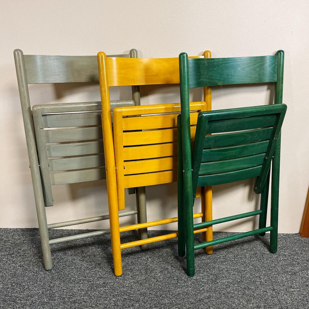 木製 折りたたみチェア 3脚セット カントリー調（グレー・イエロー・グリーン）