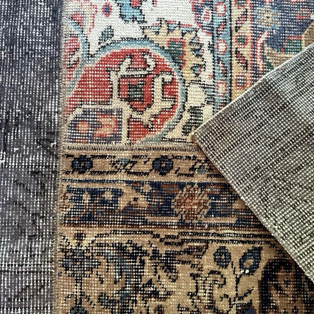 49×100 グレイ×ボタニカル　大人パッチワーク　トルコヴィンテージラグ