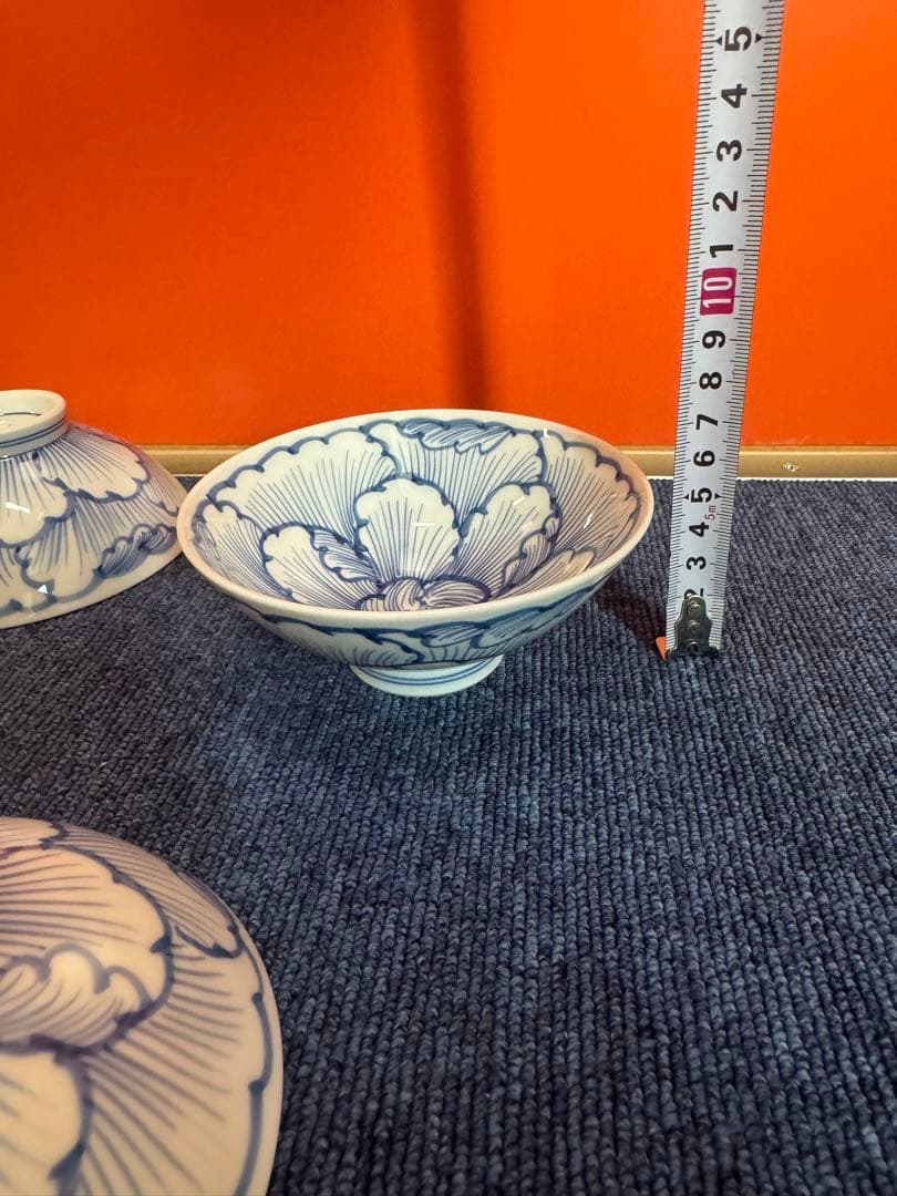 1968 三川内焼　嘉久正窯　手描き　牡丹　輪花小鉢　5客　未使用