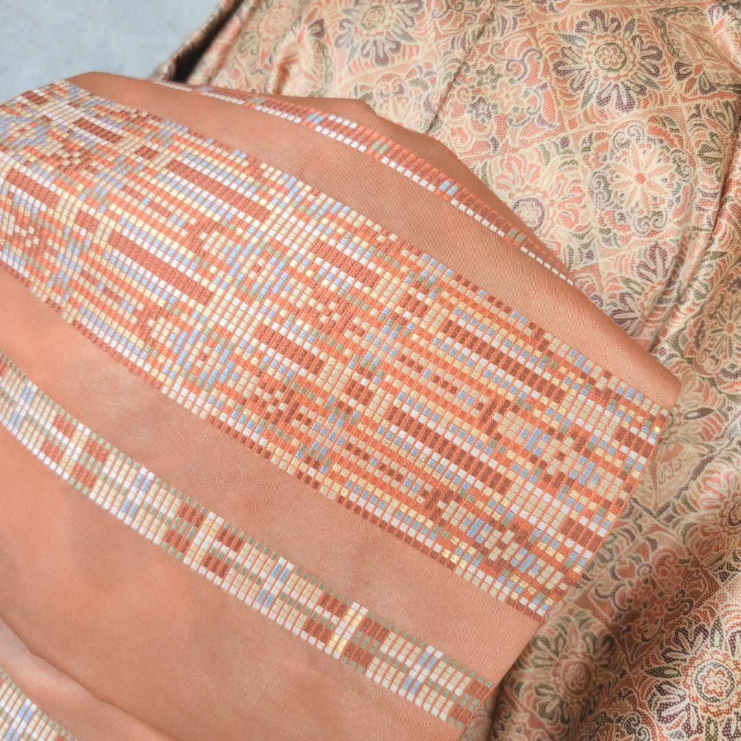 小紋　フルセット　着物　赤橙　オリエンタル　花　O5