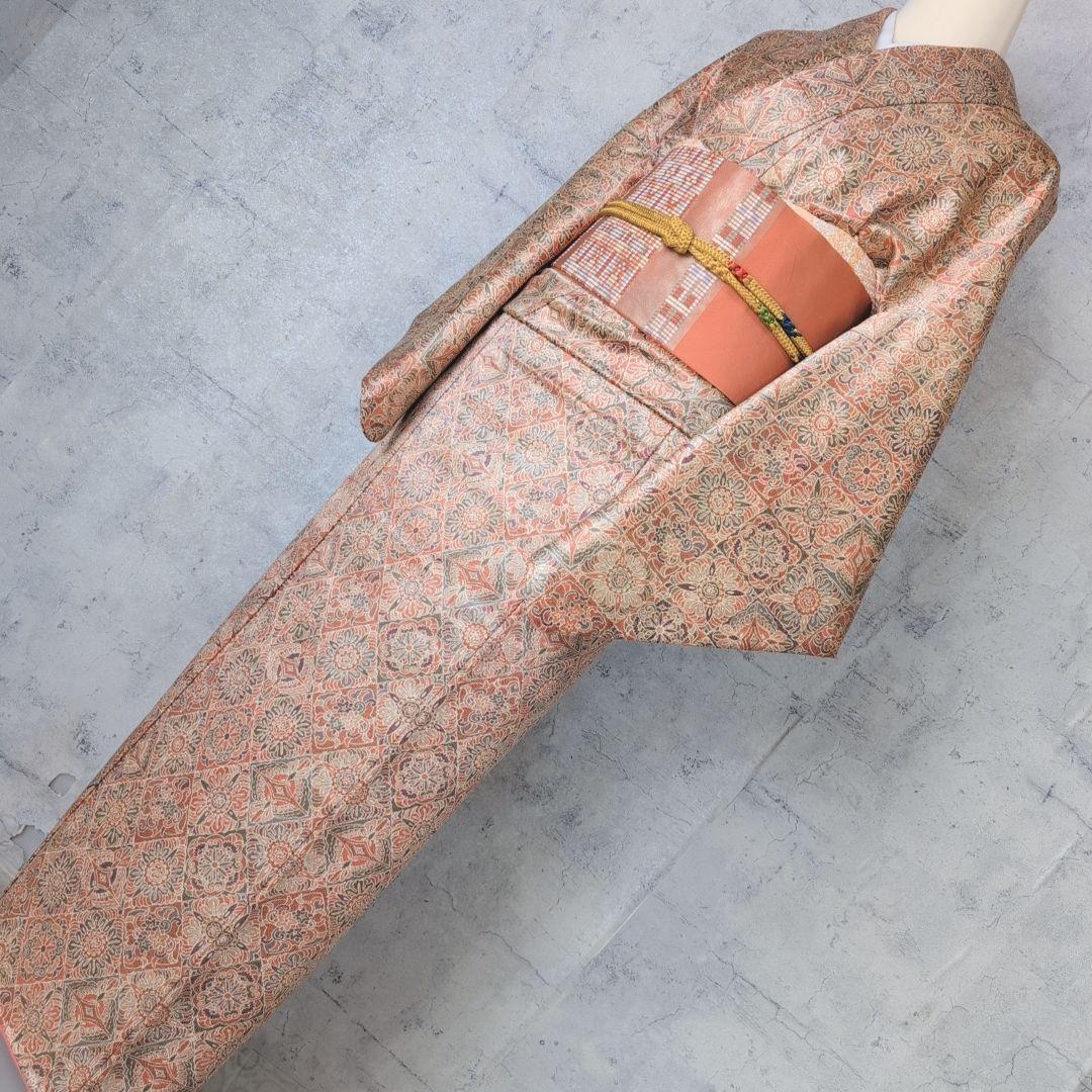 小紋　フルセット　着物　赤橙　オリエンタル　花　O5