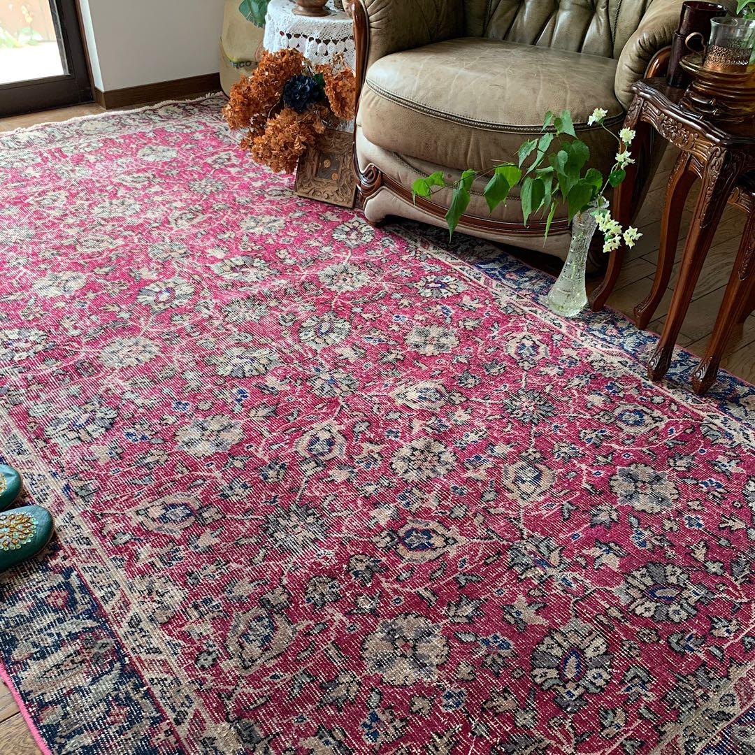 超大判　トルコヴィンテージラグ　チェリーピンク　255×134 トルコラグ