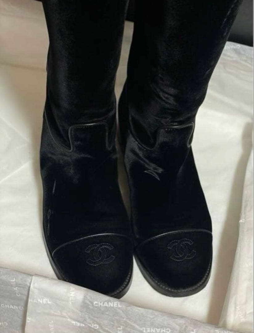専用◇CHANELシャネルロングブーツベルベットベロアレザーCCロゴ黒本革37