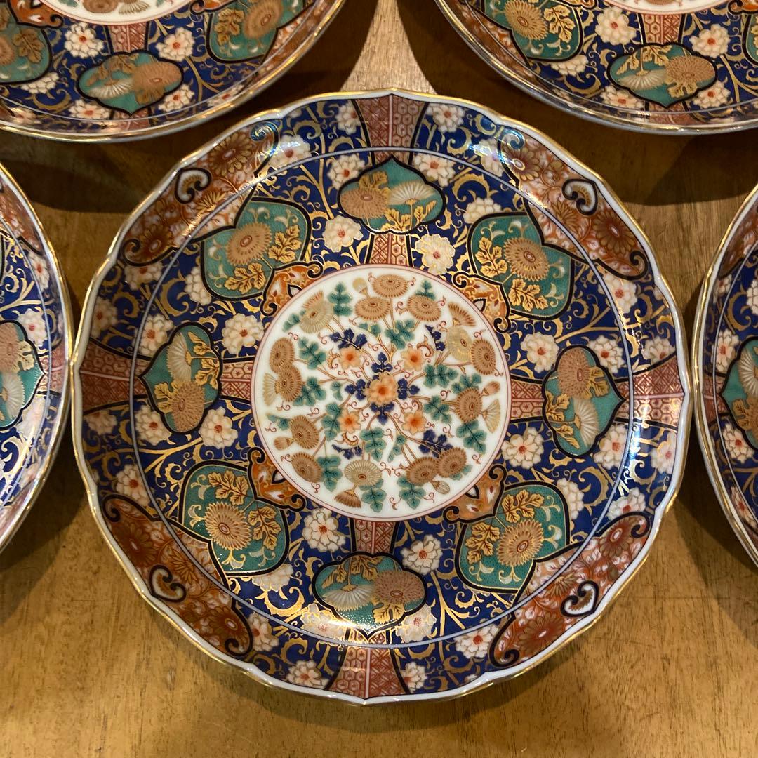 陣山窯　金襴手　金彩菊紋　和皿揃　5枚　中皿　古伊万里　色絵