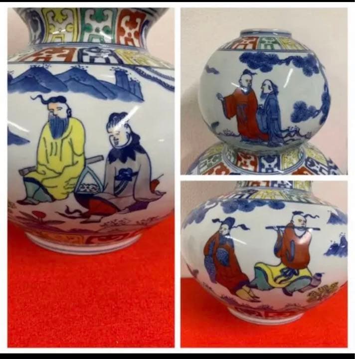 中国明五彩大明隆慶銘花卉人物文瓢箪瓶　骨董古美術アンティーク江戸青磁コレクション