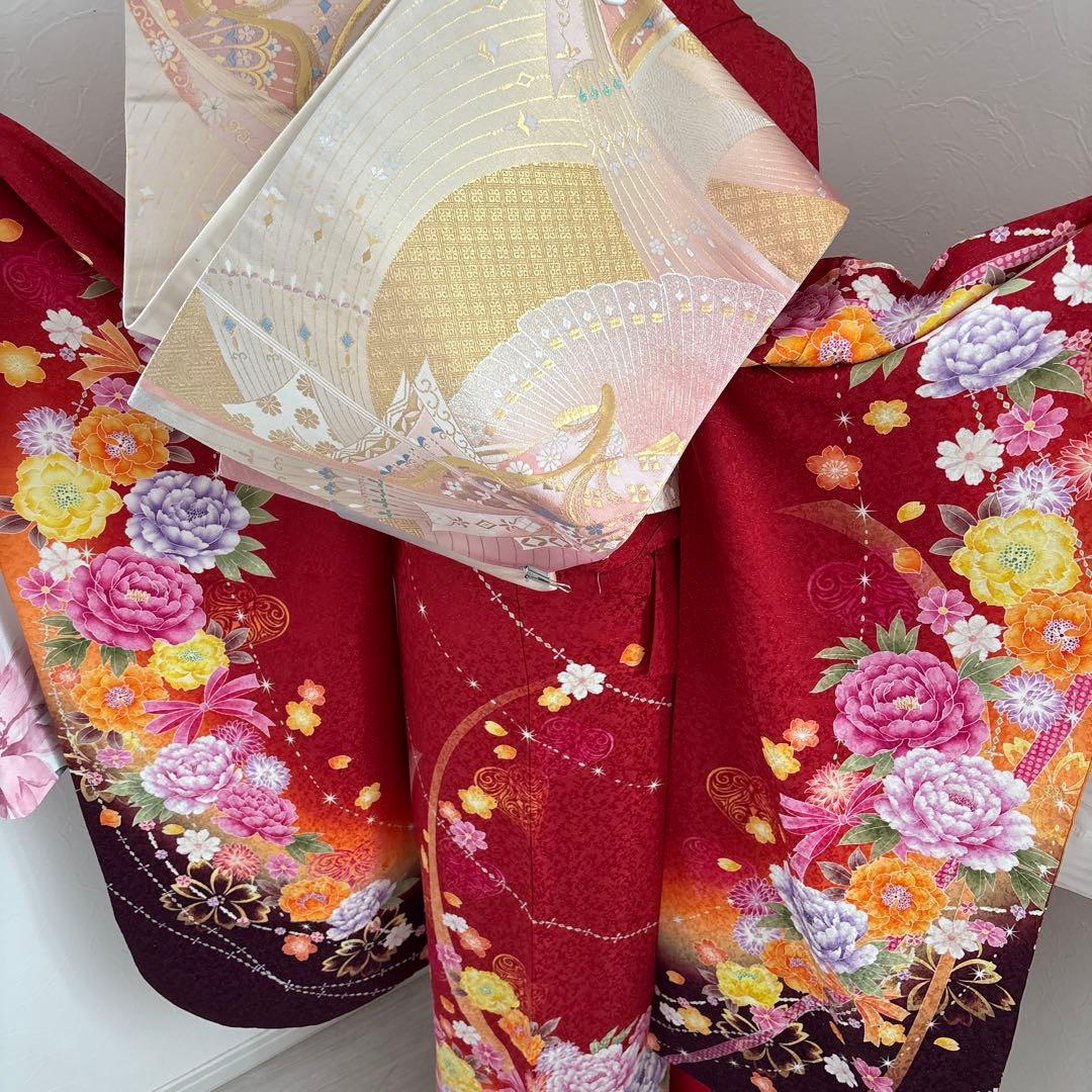 未使用に近い　正絹振袖フルセット　刺繍　金彩　銀通し　ラメオレンジ　牡丹　成人式