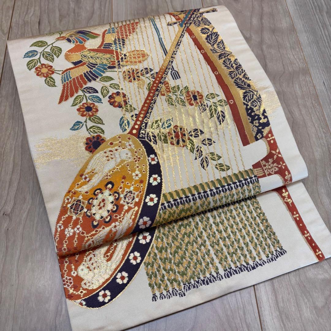 美品　正絹　六通　袋帯　着物　龍村晋　落款 427 橙色　月琴　箜篌　雅楽　金糸