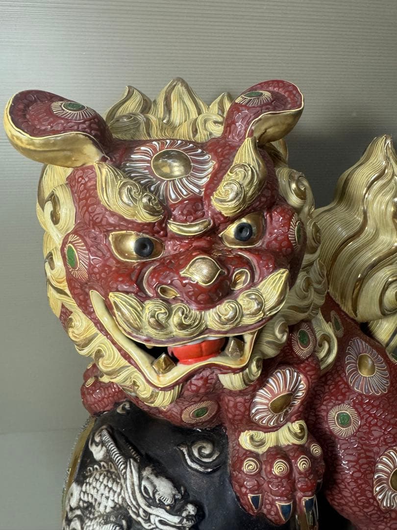 2201  九谷焼 須栄義 金彩 龍文　唐獅子 縁起物 置物