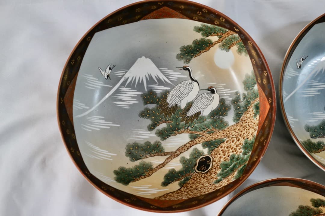 古九谷 九谷焼 三ツ鉢 三ツ丼 三重鉢 重ね鉢 深鉢 鶴松図 富士 色絵