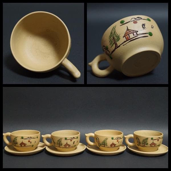 国家高級工芸美術師 周桂珍製 段泥紫砂壺 石楽刻『山水風景漢詩文』 煎茶碗(四客