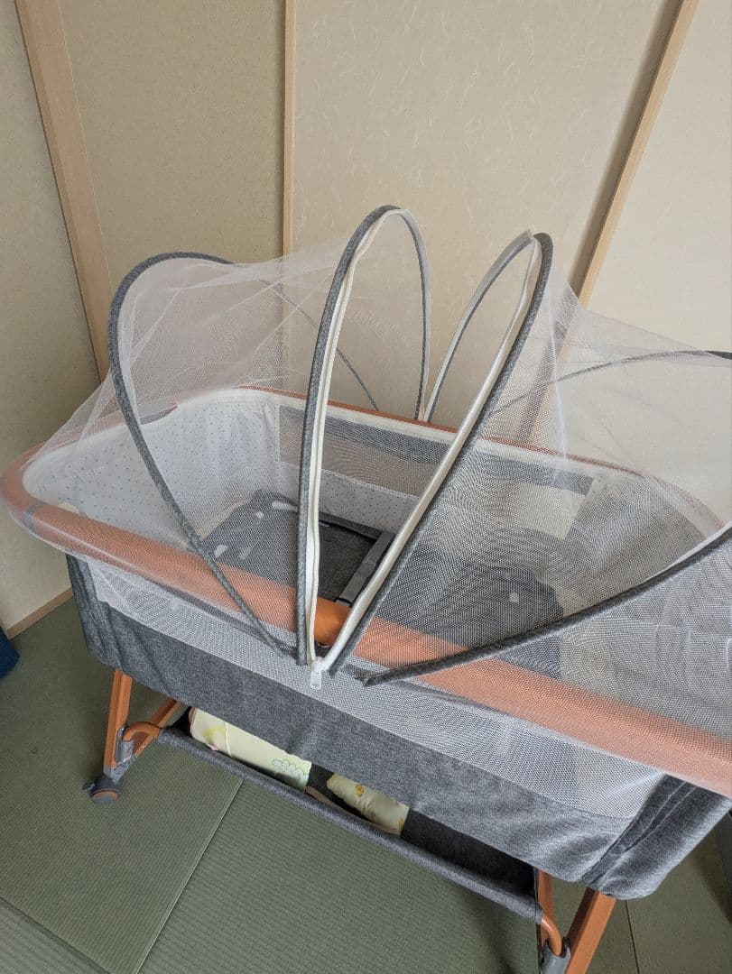 【送料込み】ベビーベッド グレー 高さ調整可能 ゆりかご 蚊帳付き