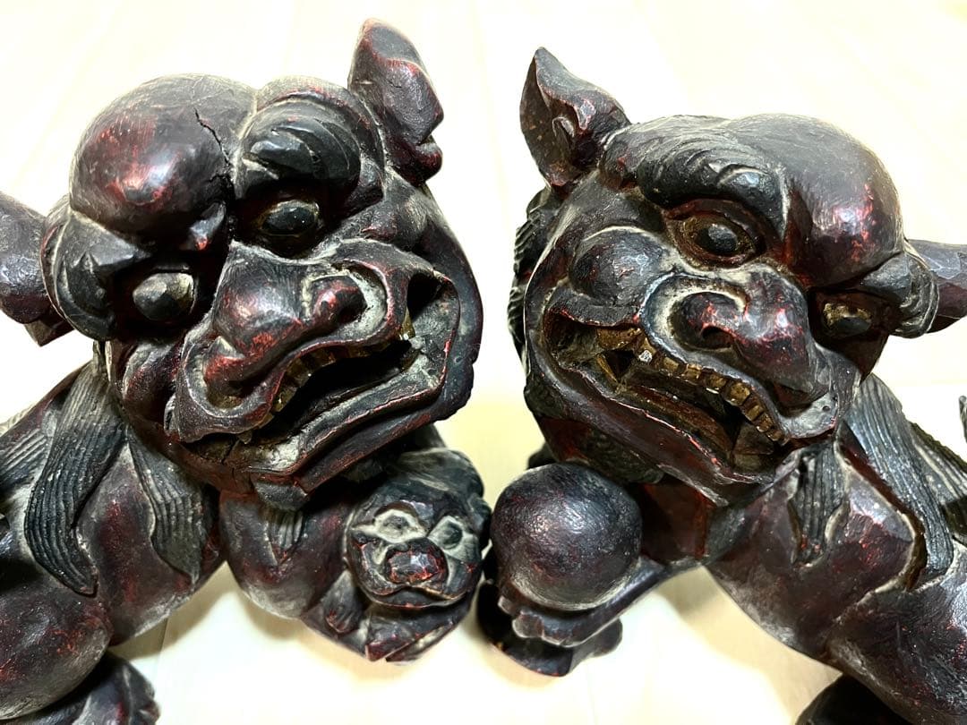 稀少珍品☆木彫置物 狛犬 獅子 シーサー 子付き・玉持ち 縁起物 魔除け