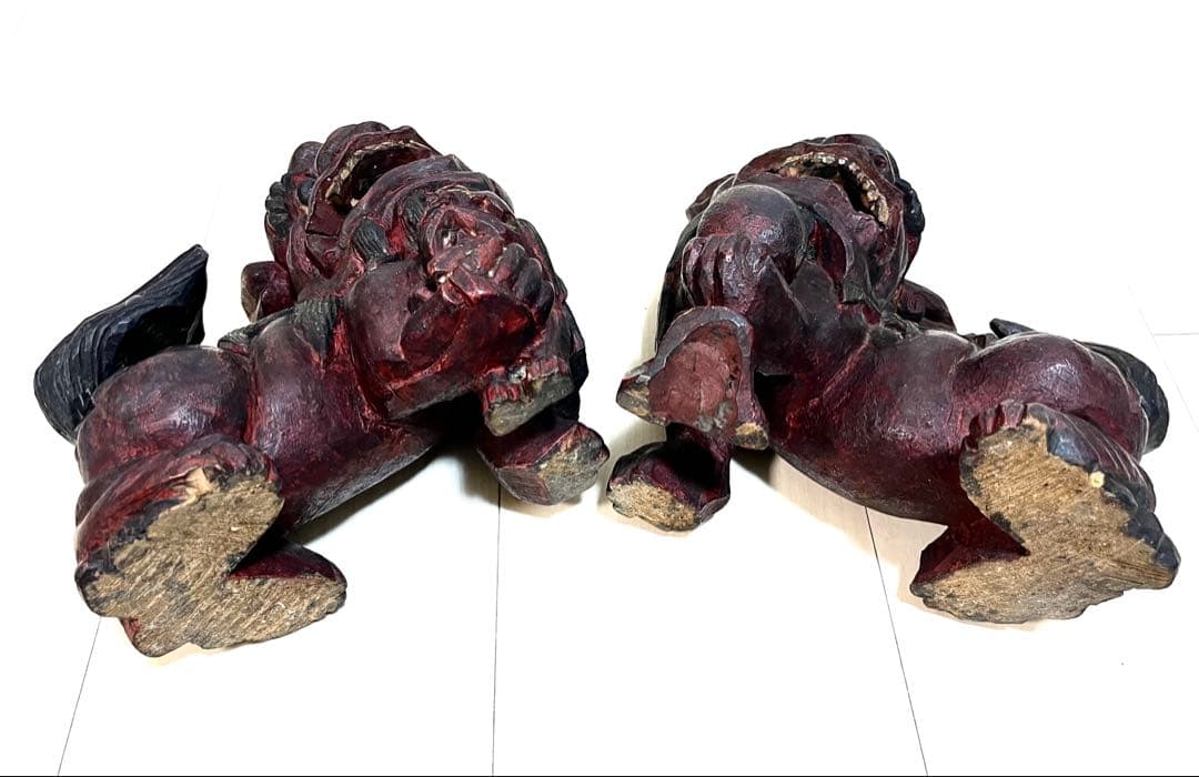 稀少珍品☆木彫置物 狛犬 獅子 シーサー 子付き・玉持ち 縁起物 魔除け