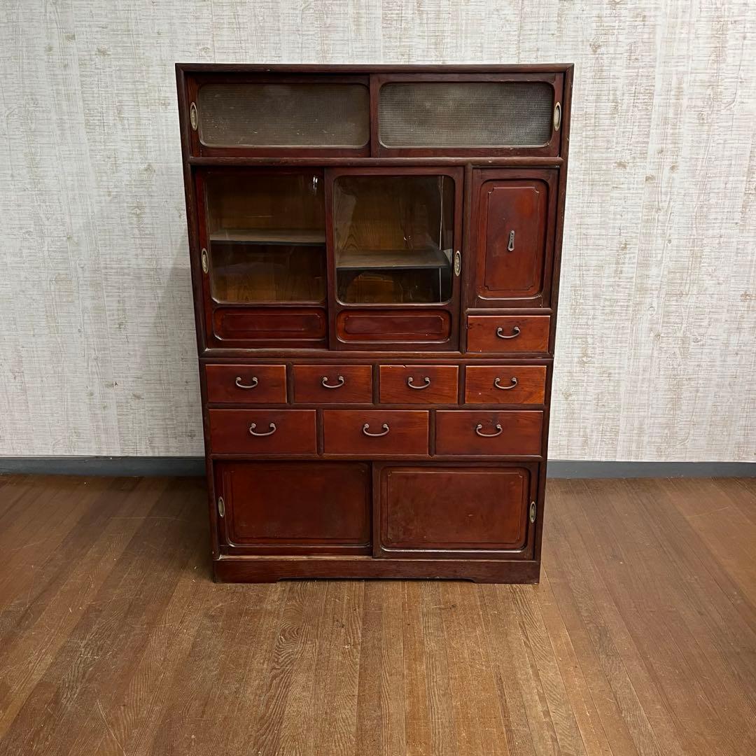 【アンティーク】時代家具 無垢材 茶箪笥 水屋箪笥 食器棚 二分割 古家具