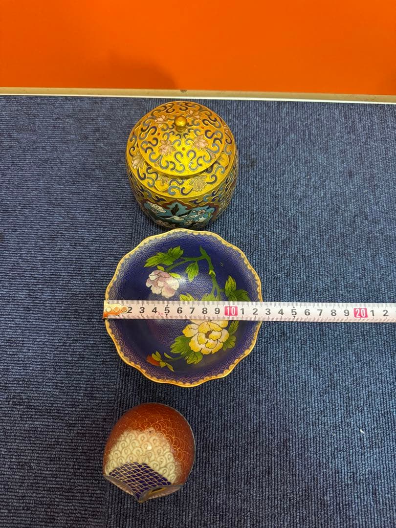 1852   七宝焼　景泰藍　碗1客　茶入1客　フクロウ1客