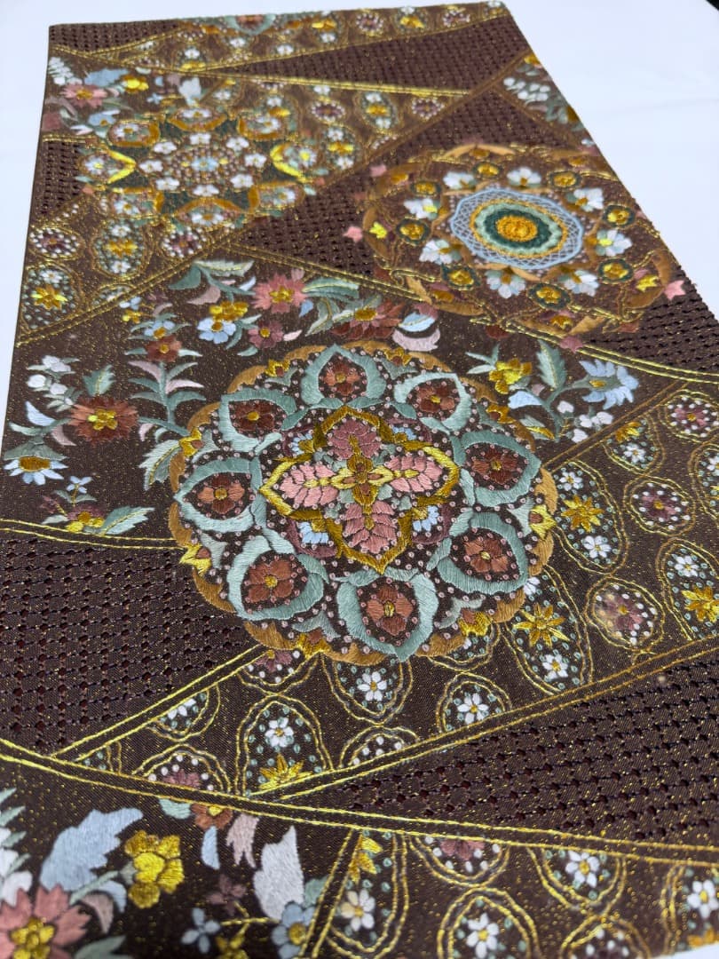 高級 袋帯 正絹 六通柄 汕頭刺繍 蘇州刺繍 相良刺繍 金通し ブラウン