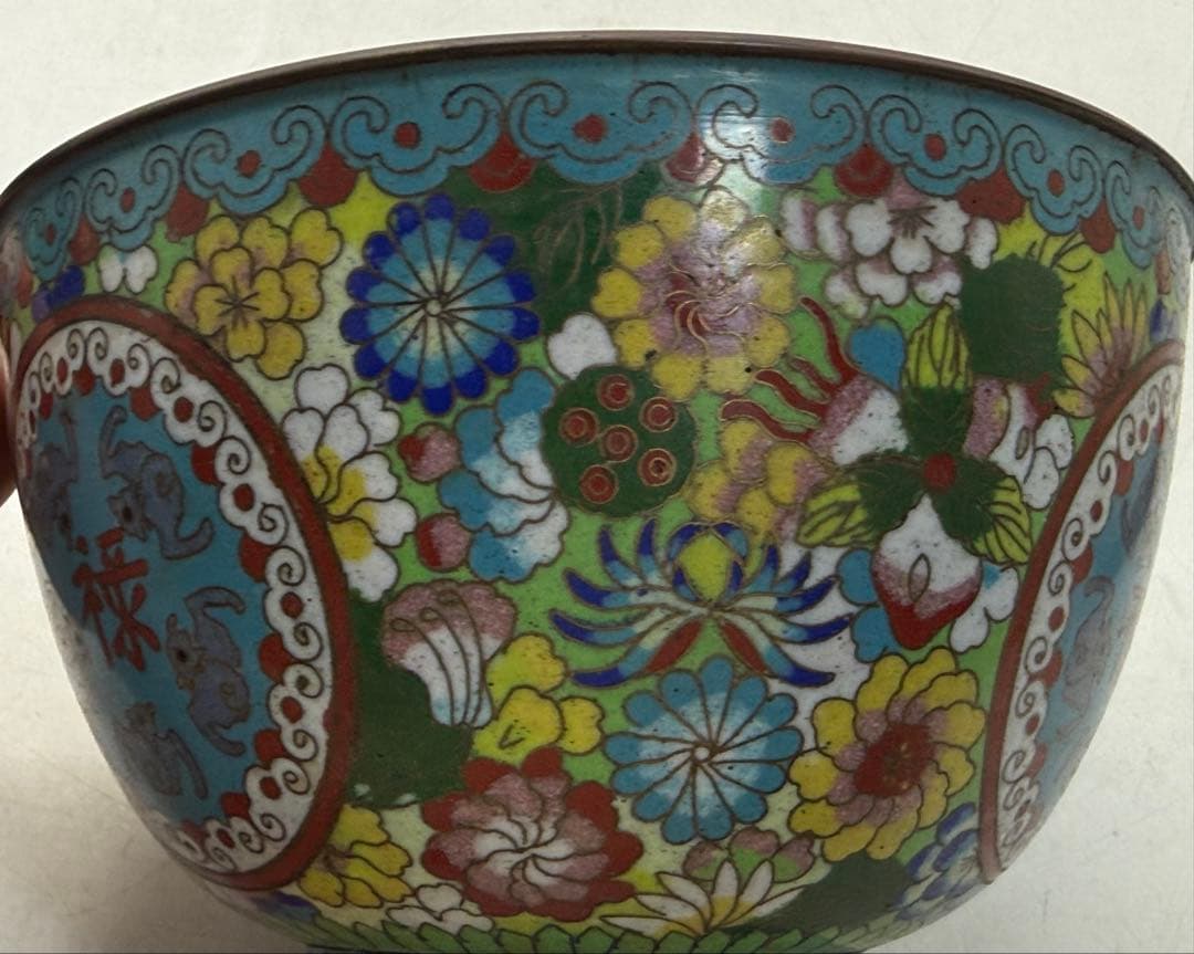 中国　民国期　七宝焼　福禄寿碗1対　景泰藍　送料込み251217