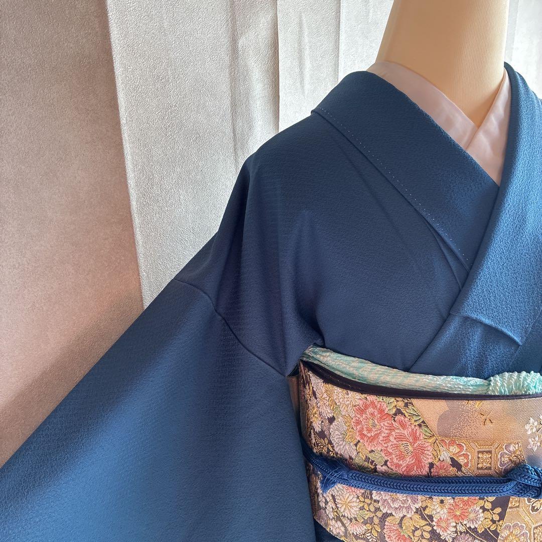 色無地　フルセット　着物　正絹　一つ紋　ブルー系　J9