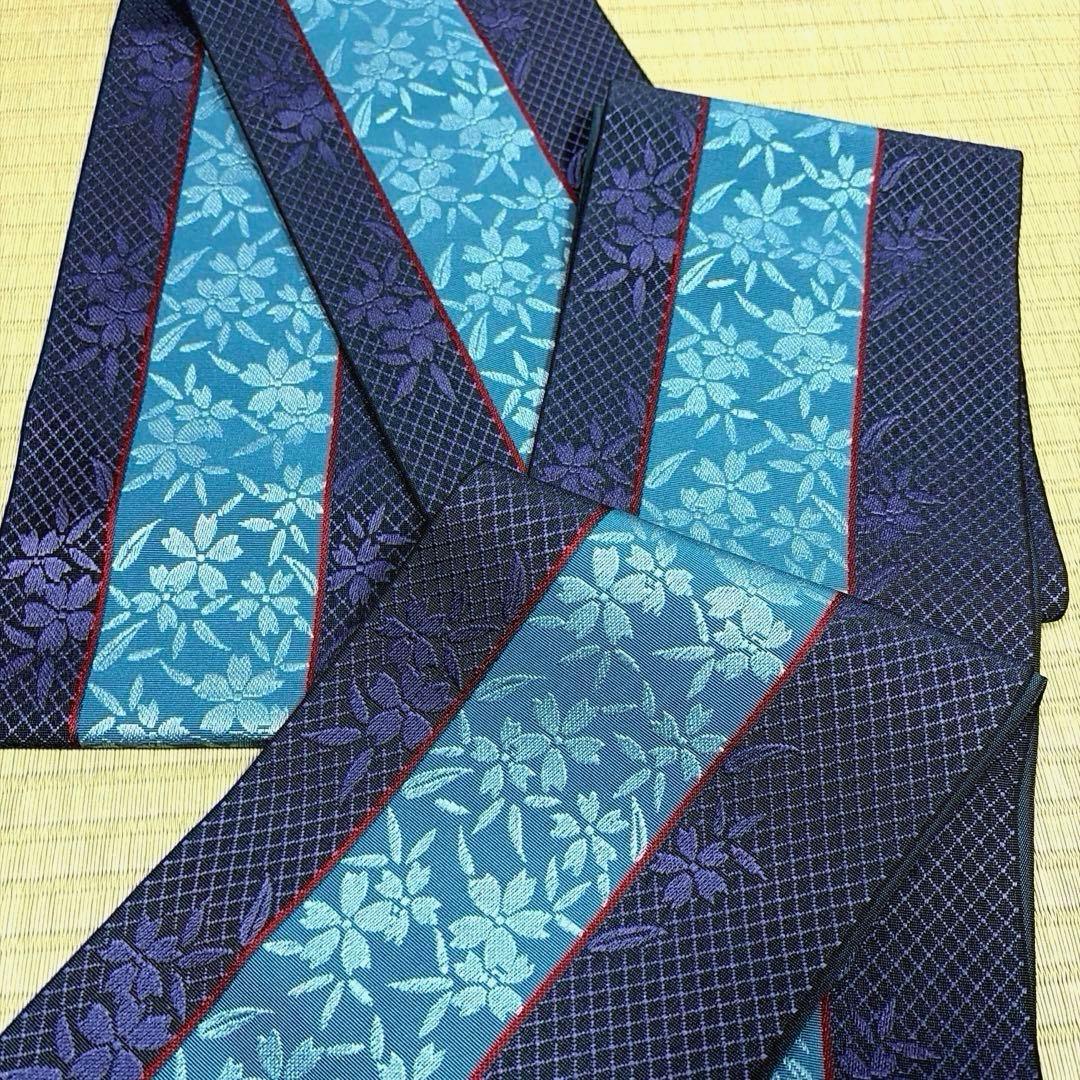 専用ページ　証紙あり　正絹　本場筑前博多織　半幅帯《ブルー紫系　小花》
