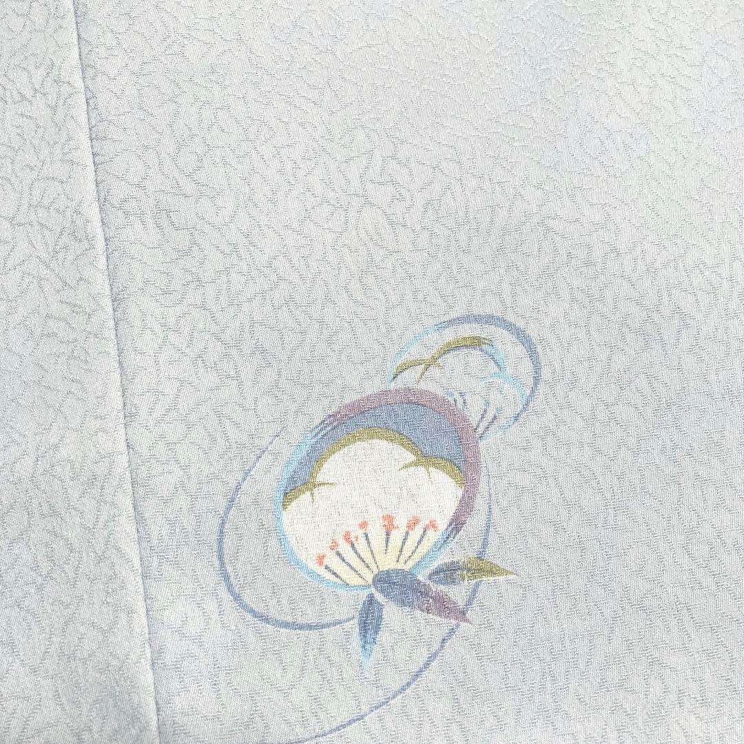 【良品✨】東レシルック　洗える着物　飛び柄小紋　氷割れ地紋　梅に笹　淡い灰青G6