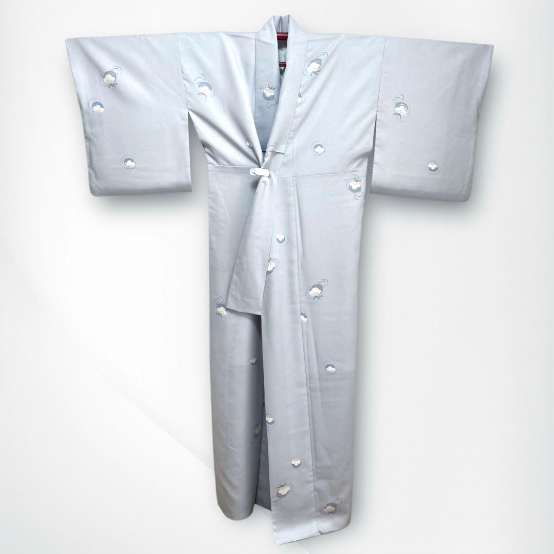 【良品✨】東レシルック　洗える着物　飛び柄小紋　氷割れ地紋　梅に笹　淡い灰青G6