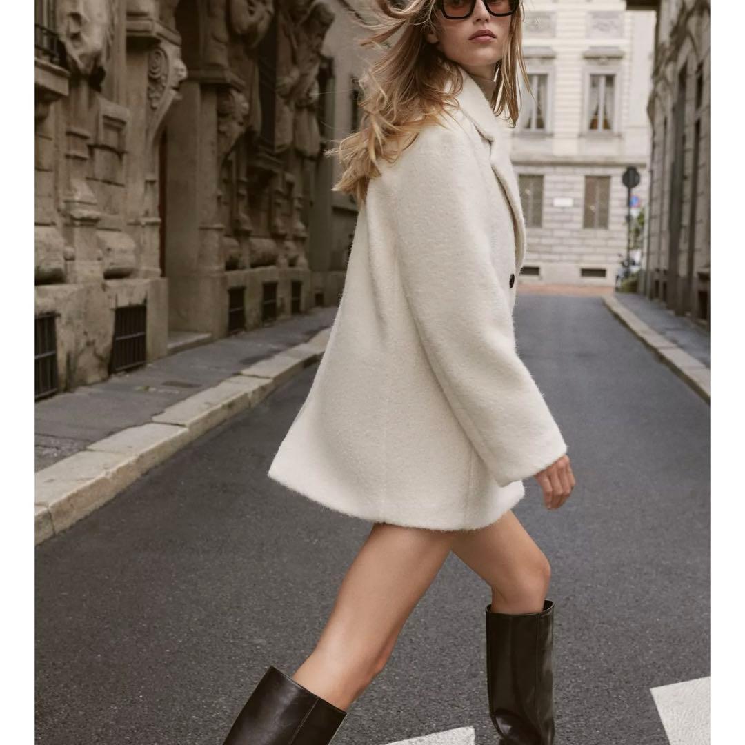 完売品 ZARA ブークレダブルブレストミディ丈コート エクリュ L