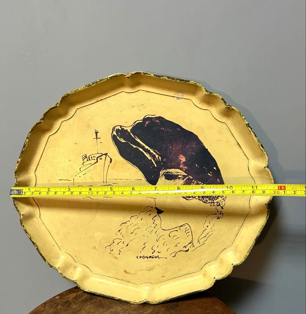 【shinobu】アンティークトレイ50年代　船と女性　金属製　横浜