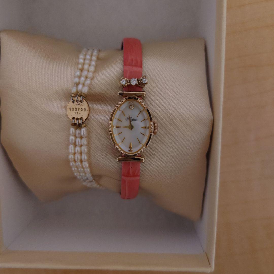 NOJESS 腕時計 パールビーズブレスレット　リボンチャーム　ピンクベルト