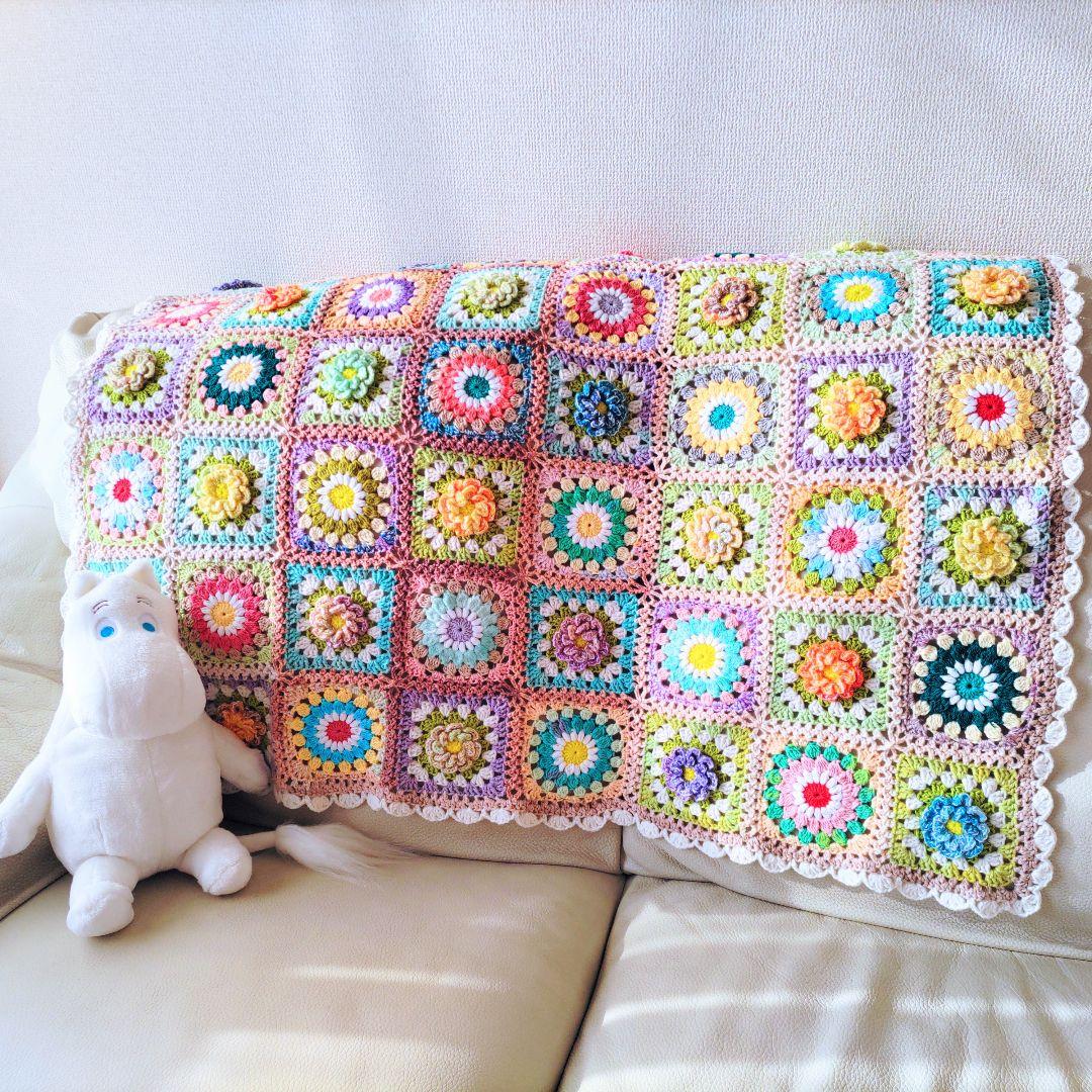 手編みブランケット★お花とおひさまグラニー★グラニースクエア★かぎ針編み