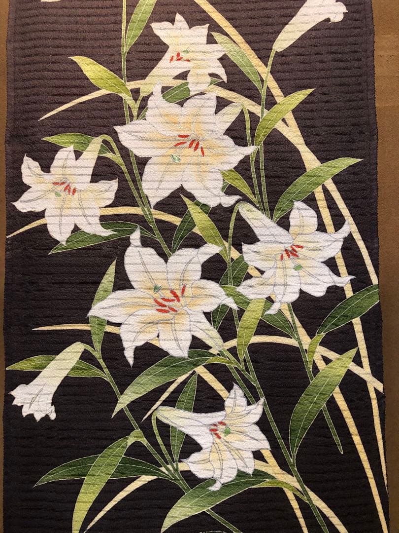 「お値下げ致しました。」単衣 夏染帯 百合 新品未仕立、生地は絽縮緬 仕立代込み