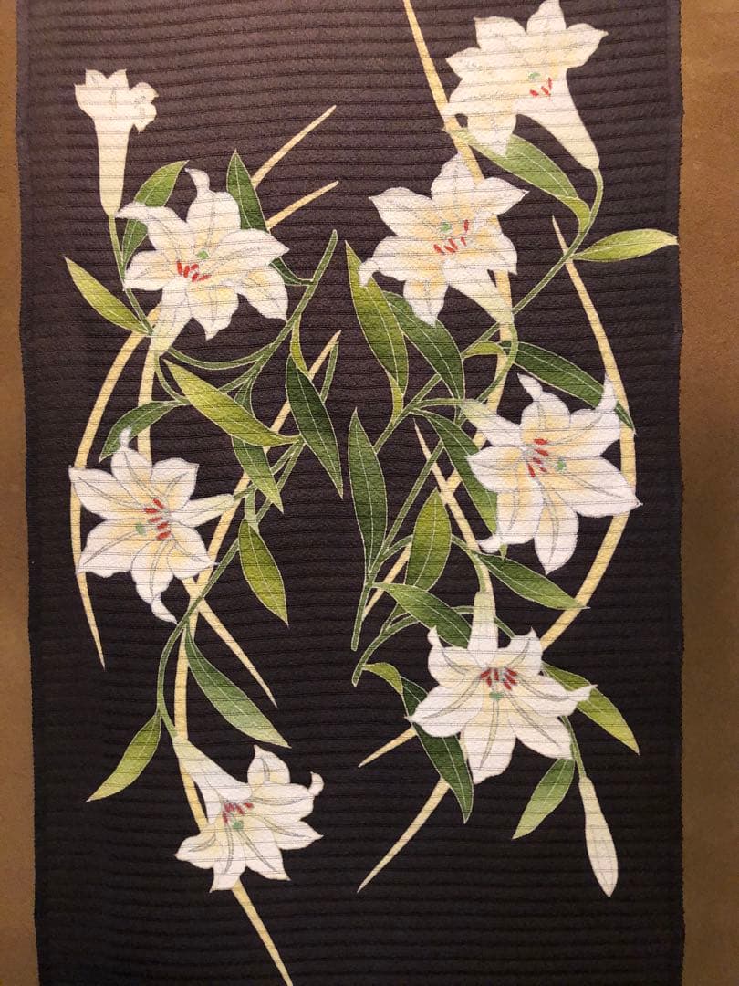 「お値下げ致しました。」単衣 夏染帯 百合 新品未仕立、生地は絽縮緬 仕立代込み